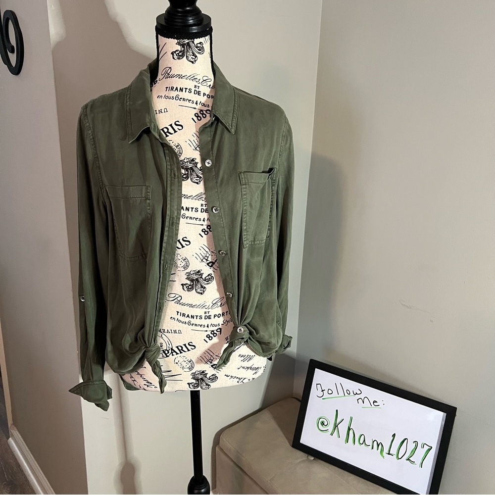 Calvin Klein Army Green Blouse Size Medium with Roll Up Tab Sleeves